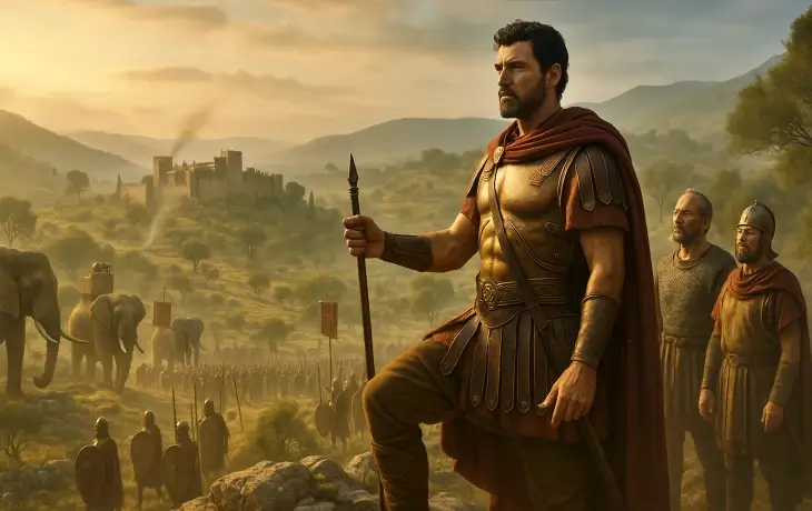 İberya’da ordusunun başında duran Hannibal Barca, arkasında filler ve askerlerle bölgeyi denetlerken görülüyor.